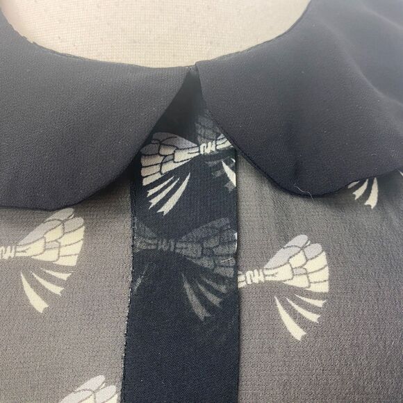 Glam Doll Black Sheer Blouse Med Bow Print Peter Pan Collar Whimsy Goth Siren - Picture 4 of 12